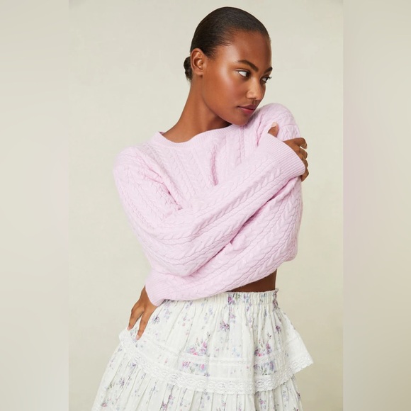 NEW! LoveShackFancy Pale Pink Calloway Wool/Cashmere Blend Crop Sweater - Picture 3 of 17